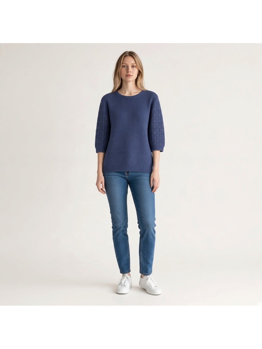 Pioneer Knit Top Women L Large Blue 3/4 Sleeve Round Neck Cotton Casual Pullover